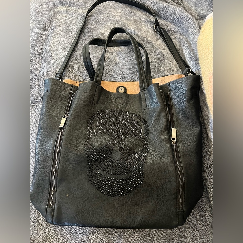 Chic Black and Tan Tote with Skull Design And Small Bag Inside.
